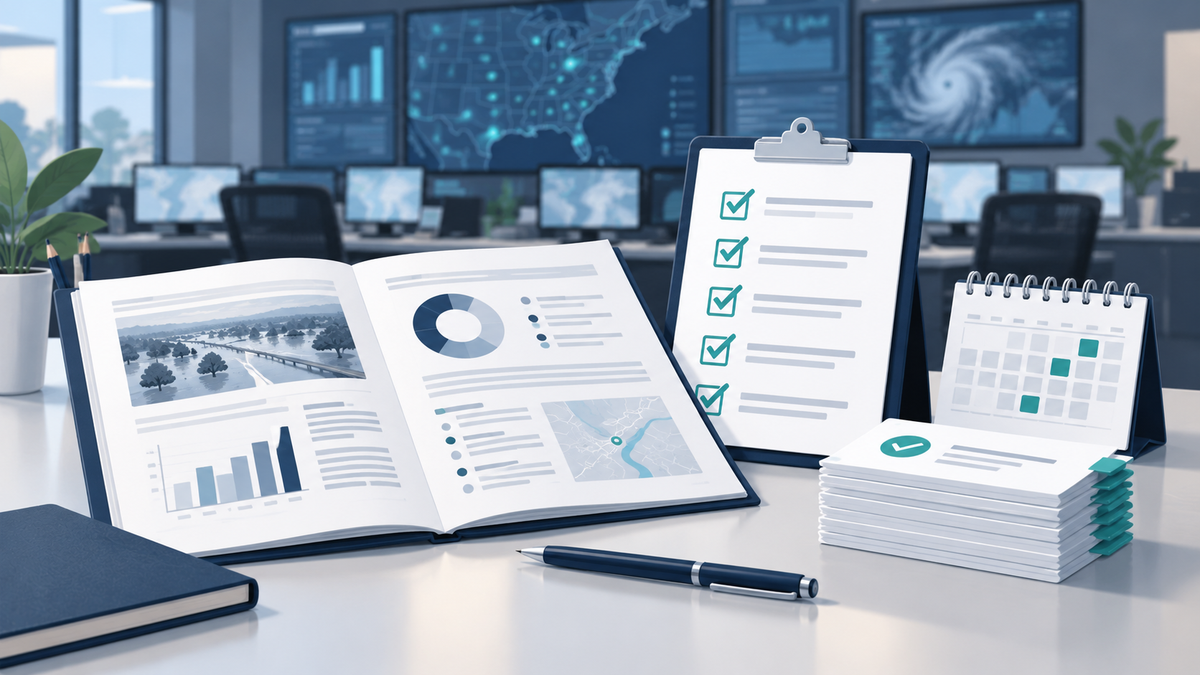 Conceptual illustration of an open after-action report, checked action clipboard, calendar and completed action cards in an operations room.