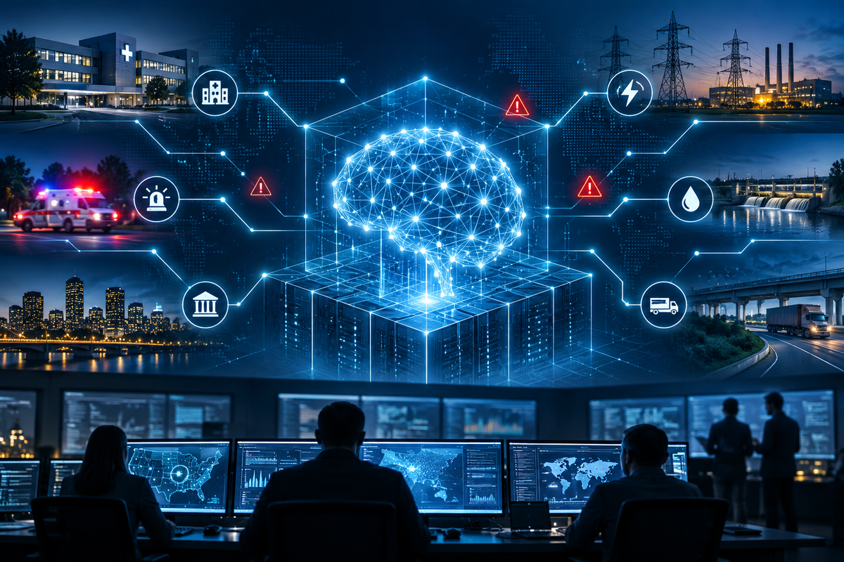 Illustration of AI risks affecting emergency services and critical infrastructure