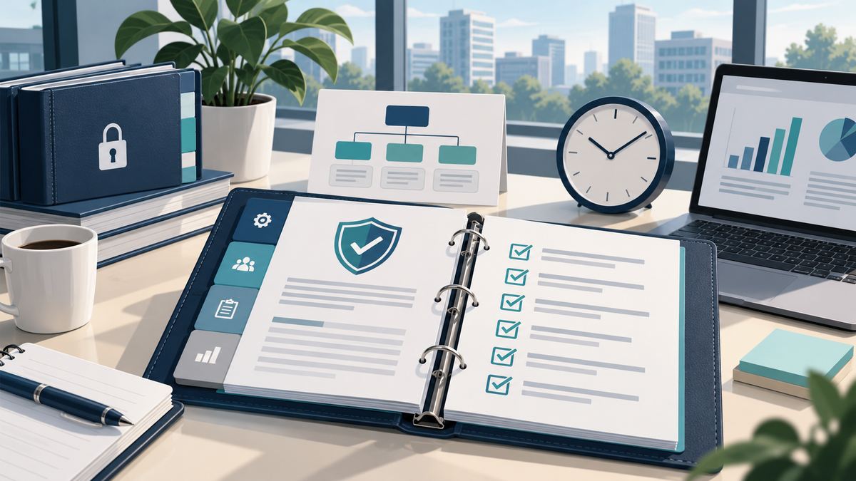 Editorial illustration of a continuity plan binder, checklist, organization chart, secure records, clock, and laptop in navy, white, and teal.