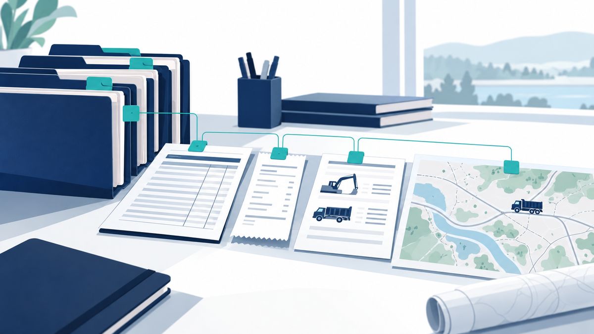 Editorial illustration linking organized cost records, equipment logs and a site map with teal reference tabs.