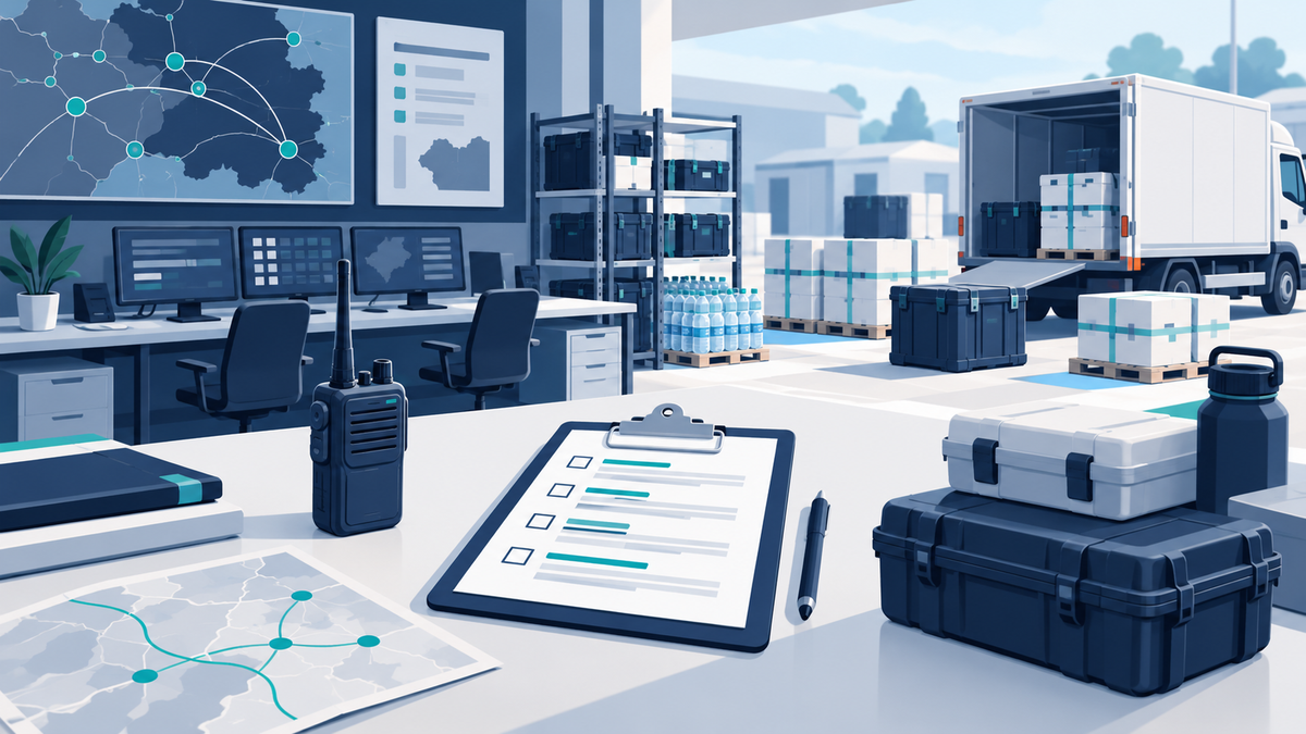 Editorial illustration of a resource request clipboard, radio, supplies and delivery truck in an incident logistics setting.
