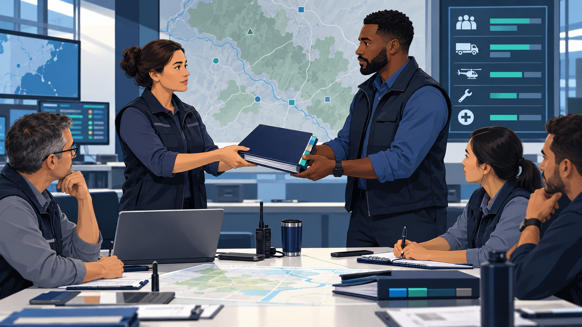 Editorial illustration of an incident command team conducting a transfer-of-command briefing in an emergency operations center
