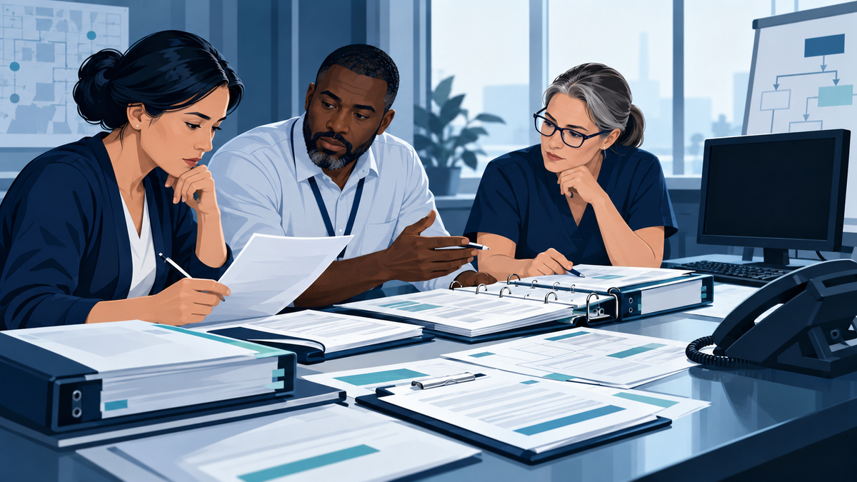 Editorial illustration of a team reviewing printed continuity procedures beside an inactive computer and desk telephone.