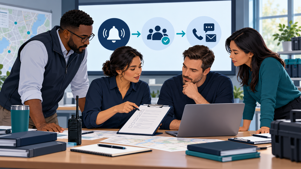 Illustration of an emergency management team reviewing a notification drill checklist and communication flow
