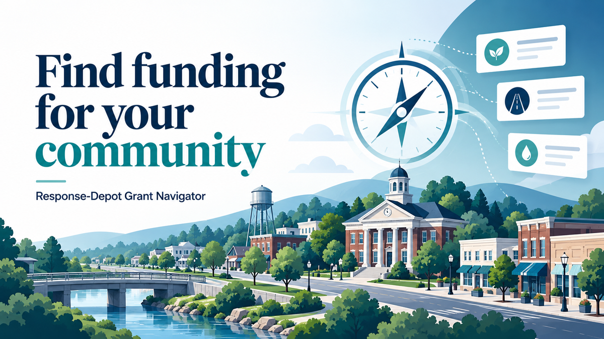 Illustration of a small community, public infrastructure and a compass introducing Response-Depot Grant Navigator.