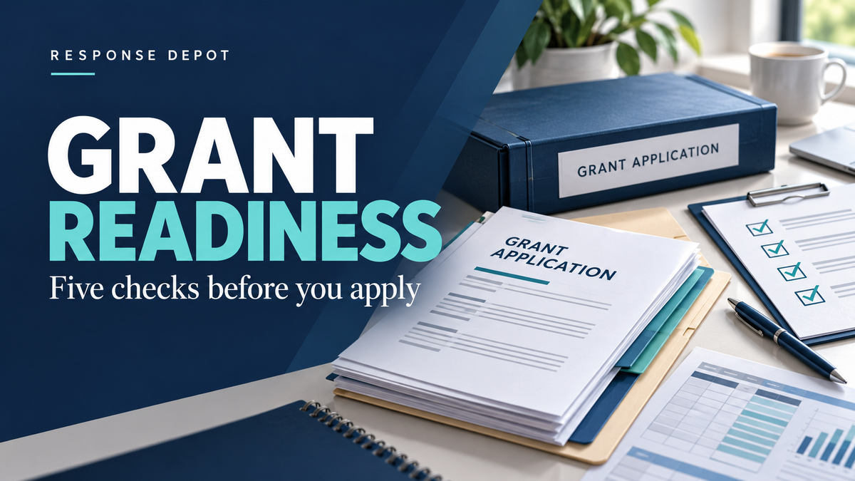 Response Depot grant readiness: five checks before you apply, illustrated with application documents and a checklist.