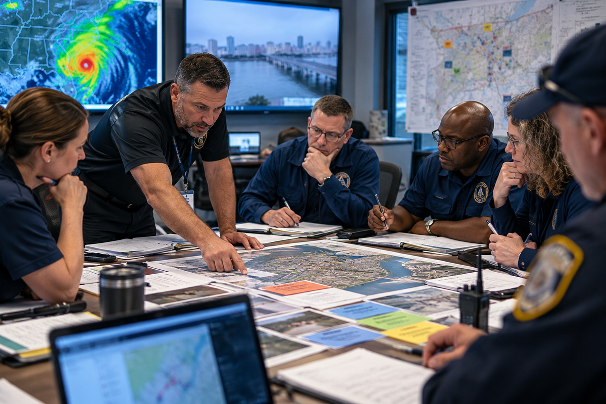 Emergency management team conducting a tabletop exercise planning session