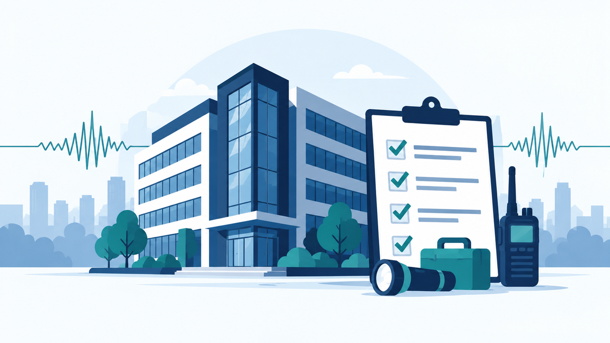 Editorial illustration of an office building, preparedness checklist, radio and abstract seismic waves in navy, white and teal.