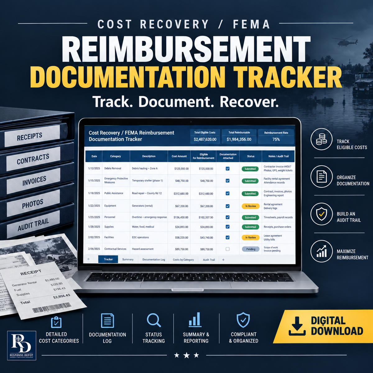 Cost Recovery / FEMA Reimbursement Documentation Tracker — Response-Depot branded product cover